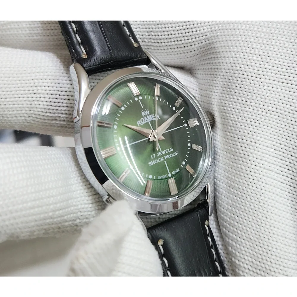 Vintage 1975 Roamer Manual Mens Silver Watch W/Leather Strap & Green accents